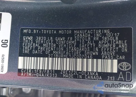 2018 Toyota Corolla Le z USA, uszkodzony, nr VIN 2T1BURHE1JC007046